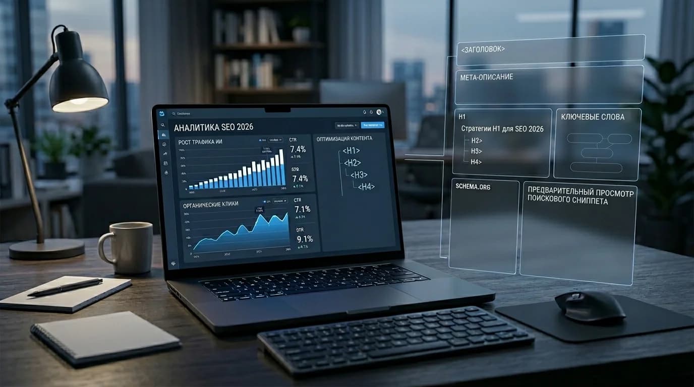Аналитика SEO 2026 на ноутбуке: мета-описание, ключевые слова, заголовки H1-H4 и предварительный просмотр поискового сниппета