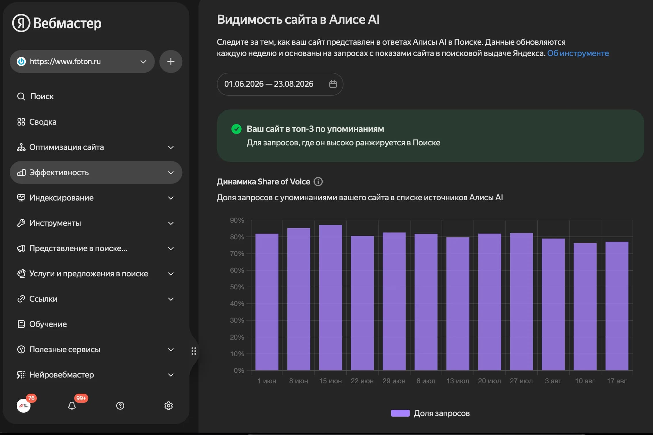 Screenshot of the Yandex.Webmaster tool "Website Visibility in Alice AI"