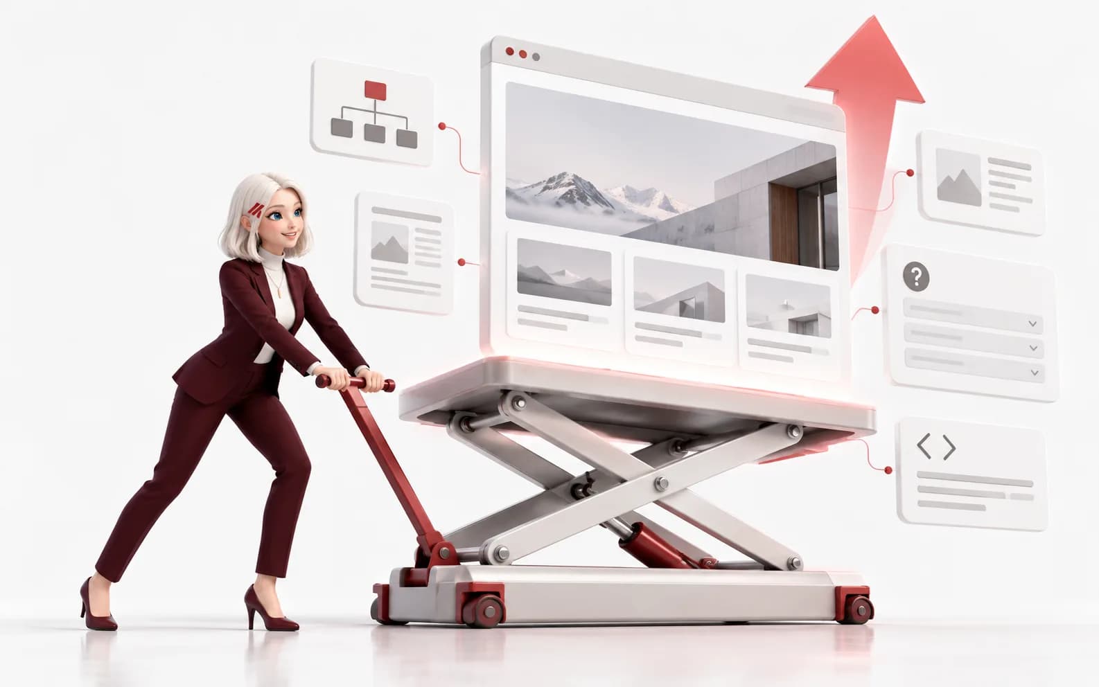 SEO Eleven mascot lifts a modern website on a mechanical platform, around which the elements of an SEO article, FAQ, internal links, and metadata are structured.